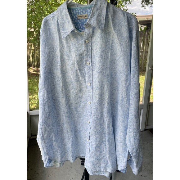 Natural Blue Men's 2XL Button Down  Roll Tab Linen Cotton Blue Paisley Contrast - Picture 2 of 9